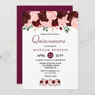 Invitation Quinceanera Florale Rose & Bourgogne