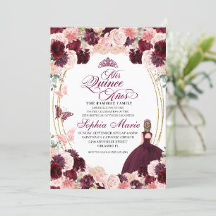 Invitation Quinceanera Florale Rose Bourgogne Anniversaire En