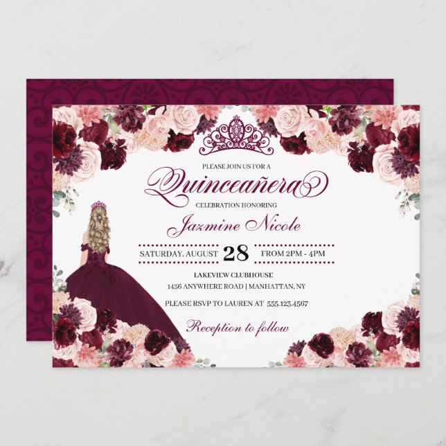 Invitation Quinceanera Florale Rose Bourgogne Anniversaire En (Devant / Derrière)