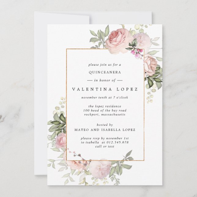 Invitation Quinceanera Florale Rose Dusty (Devant)