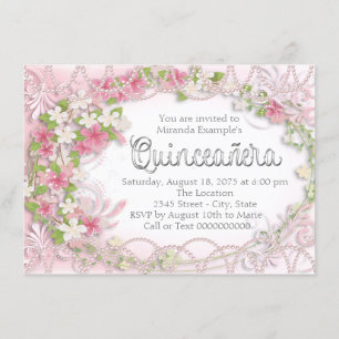 Invitation Quinceañera florale rose et grise