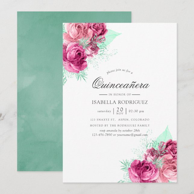 Invitation Quinceañera florale rose et menthe (Devant / Derrière)