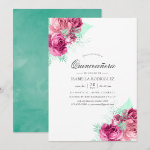 Invitation Quinceañera florale rose et menthe
