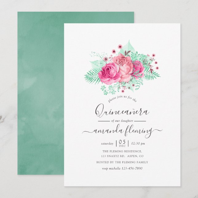 Invitation Quinceañera florale rose et menthe (Devant / Derrière)