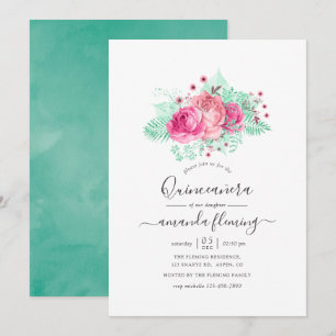Invitation Quinceañera florale rose et menthe
