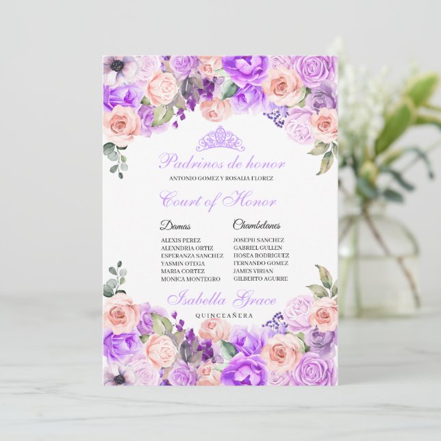 Invitation Quinceanera florale rose et violet Cour d'honneur (Debout devant)