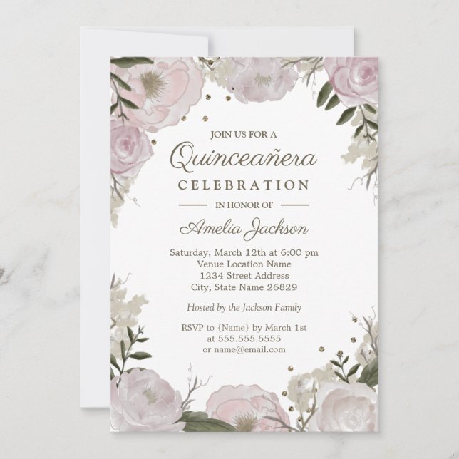 Invitation Quinceanera Florale rose or (Devant)