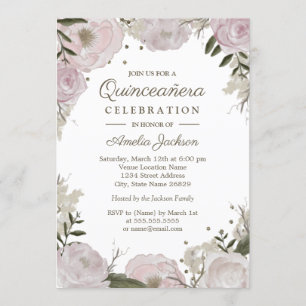 Invitation Quinceanera Florale rose or