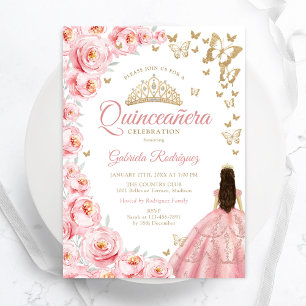 Invitation Quinceanera Florale Rose Or Blanc