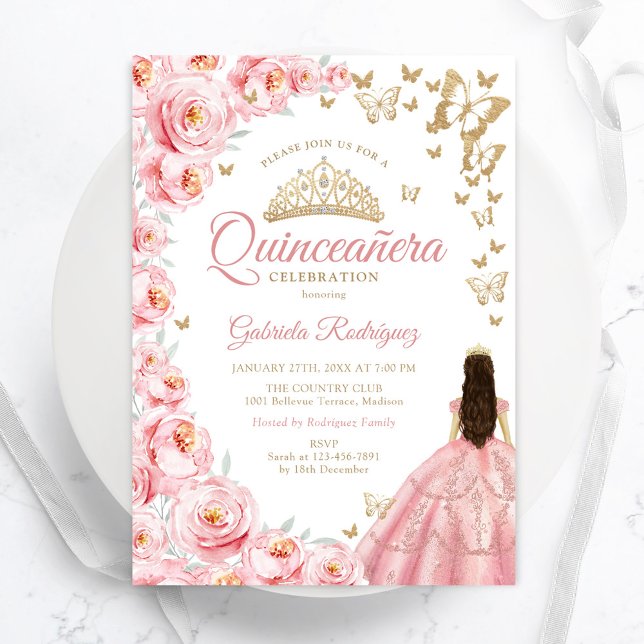 Invitation Quinceanera Florale Rose Or Blanc (Créateur téléchargé)