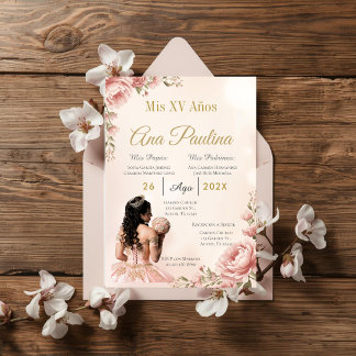 Invitation Quinceañera Florale Rose Pâle Espagnole