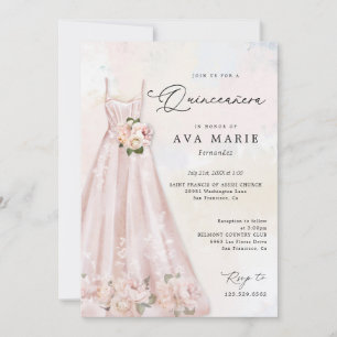 Invitation Quinceañera florale rose pâle Photo d'anniversaire