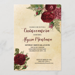Invitation Quinceanera florale Roses rouges bordeaux Vintages