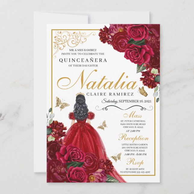 Invitation Quinceanera Florale Rouge & Or (Devant)