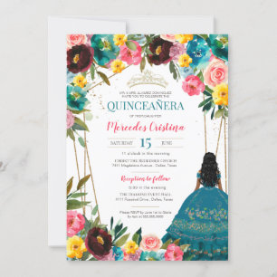 Invitation Quinceanera Florale Turquoise Rose Jaune Fiesta Da