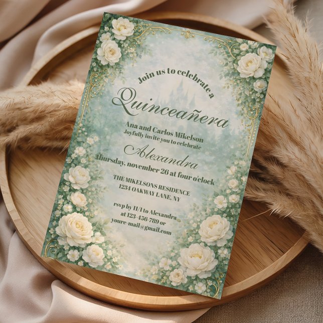 Invitation Quinceañera Florale Verte et Or (Créateur téléchargé)