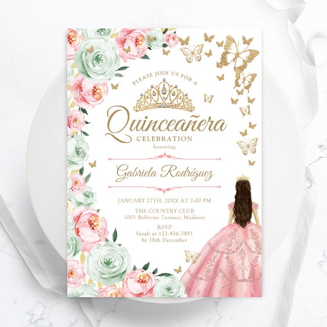 Invitation Quinceanera florale verte rose Sage (Créateur téléchargé)