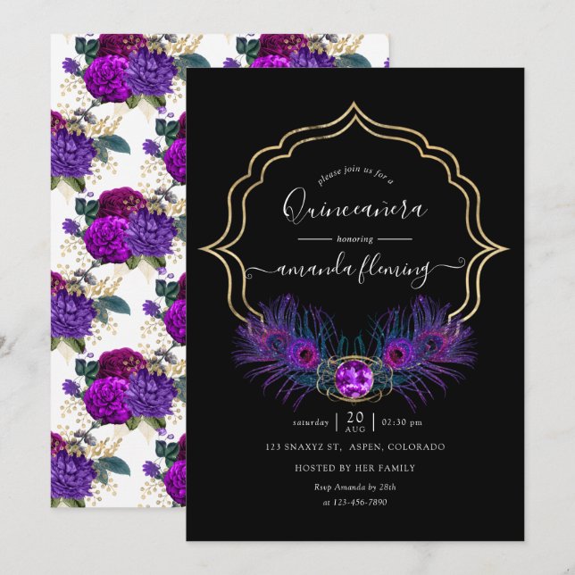 Invitation Quinceañera Florale Vintage Perroquet Pourpre et O (Devant / Derrière)
