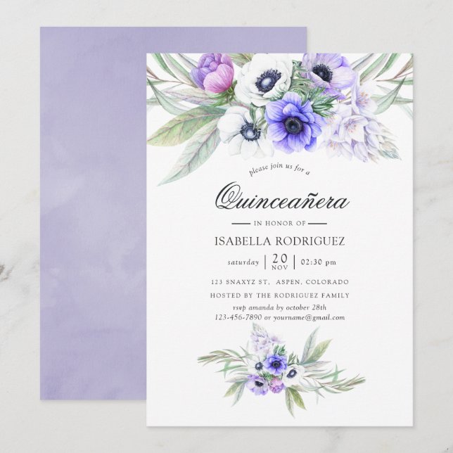 Invitation Quinceañera Florale Violet Pastel (Devant / Derrière)