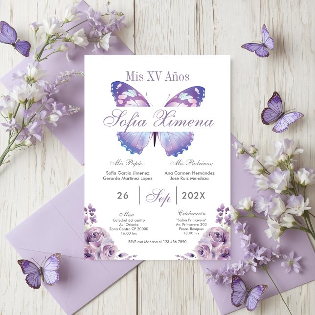 Invitation Quinceañera Florale Violette avec Papillons (Créateur téléchargé)