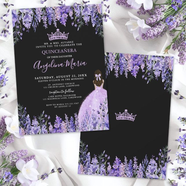Invitation Quinceanera Florale Violette Noire (Purple Floral Quinceanera Invitation)