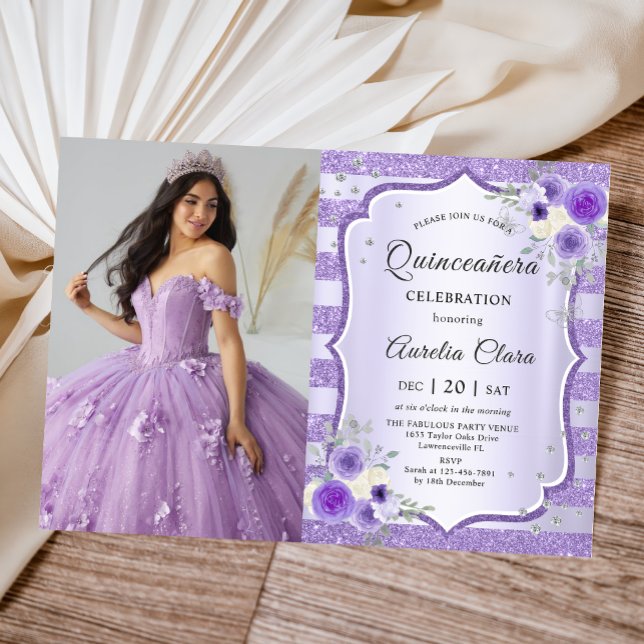 Invitation Quinceanera florale violette photo d'anniversaire (Créateur téléchargé)