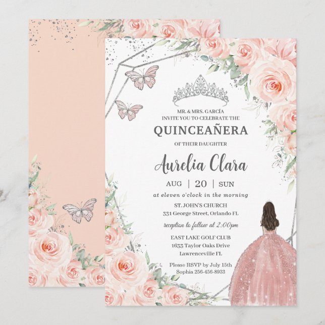 Invitation Quinceañera Flush Doux Roses Argent Couronne (Devant / Derrière)