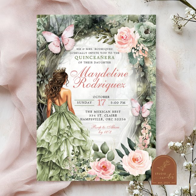 Invitation Quinceanera, forêt lunaire rose et vert sage (Créateur téléchargé)