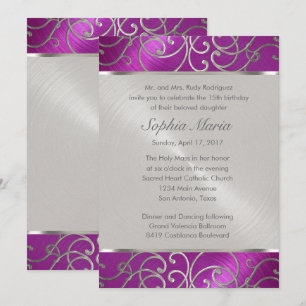 Invitation Quinceanera framboise et volutes en filigrane d'ar