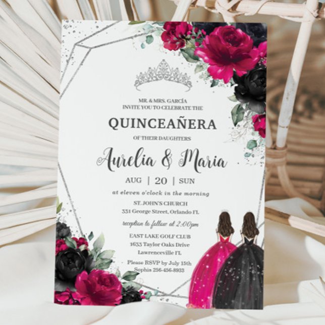 Invitation Quinceañera Fuchsia Black Floral Twins Argent (Créateur téléchargé)
