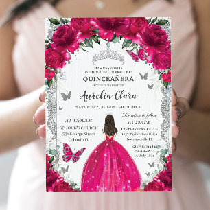 Invitation Quinceañera Fuchsia Floral rose Vintage Argent