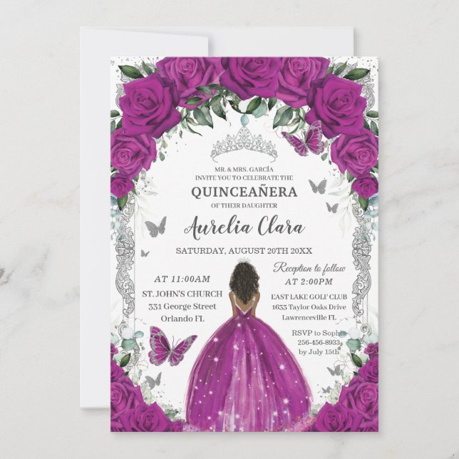 Invitation Quinceanera Fuchsia Floral Vintage Argent Brown (Devant)
