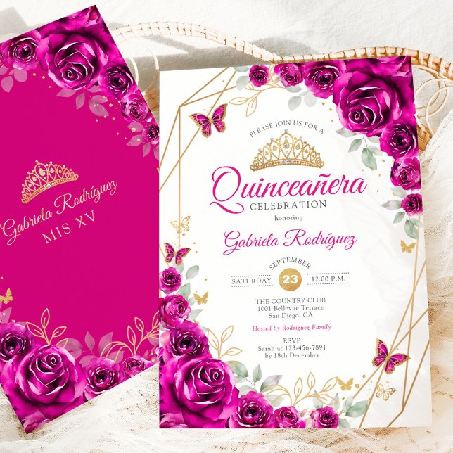 Invitation Quinceanera Fuchsia Or rose Floral (Créateur téléchargé)