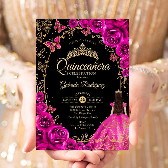 Invitation Quinceanera Fuchsia Or rose Noir (Créateur téléchargé)