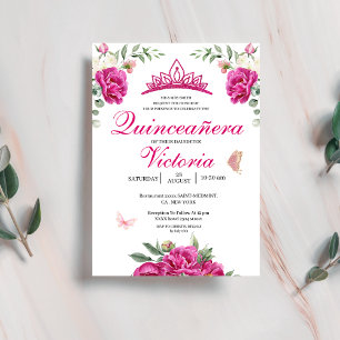 Invitation Quinceañera Fuchsia Pink Floral couronne papillon