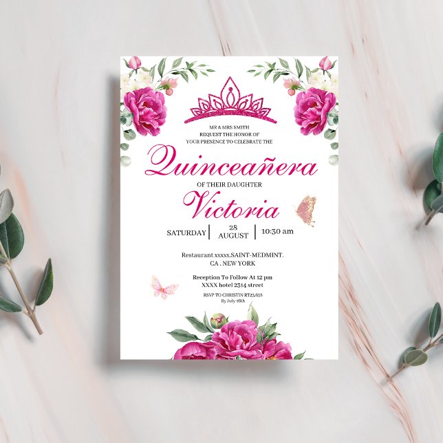 Invitation Quinceañera Fuchsia Pink Floral couronne papillon (Créateur téléchargé)