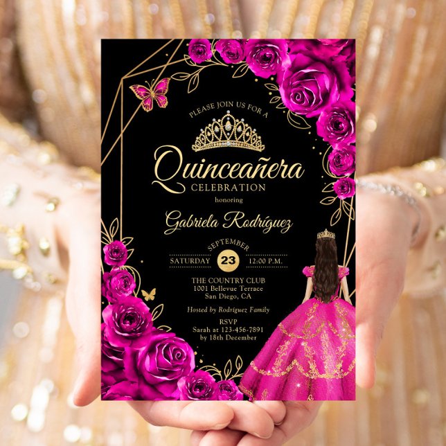 Invitation Quinceanera Fuchsia Pink Gold Dress Floral (Créateur téléchargé)