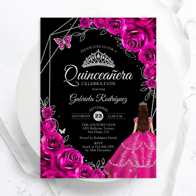 Invitation Quinceanera Fuchsia Pink Silver Dress Floral (Créateur téléchargé)