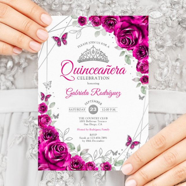 Invitation Quinceanera Fuchsia Pink Silver Floral (Créateur téléchargé)
