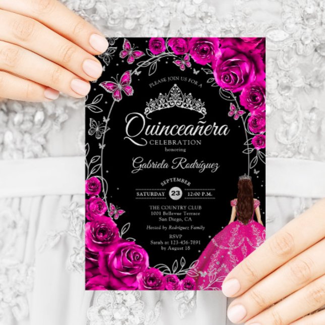 Invitation Quinceanera Fuchsia rose argent noir (Créateur téléchargé)