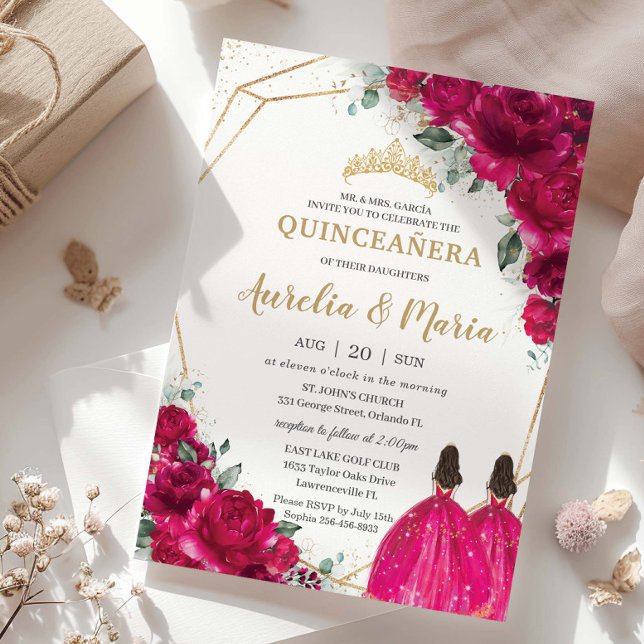 Invitation Quinceañera Fuchsia Rose Floral Twins Princesses (fuchsia-hot-pink-floral-quinceanera-gold-twins-princesses-dress-15-sweet-16-birthday-invitation-card)