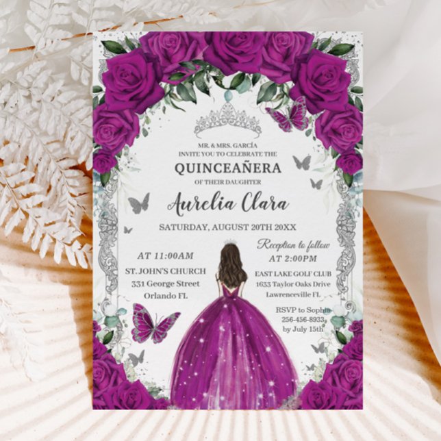 Invitation Quinceañera Fuchsia Rose Floral Vintage Argent (Créateur téléchargé)