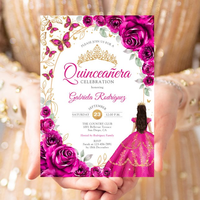 Invitation Quinceanera Fuchsia Rose Gold Floral (Créateur téléchargé)