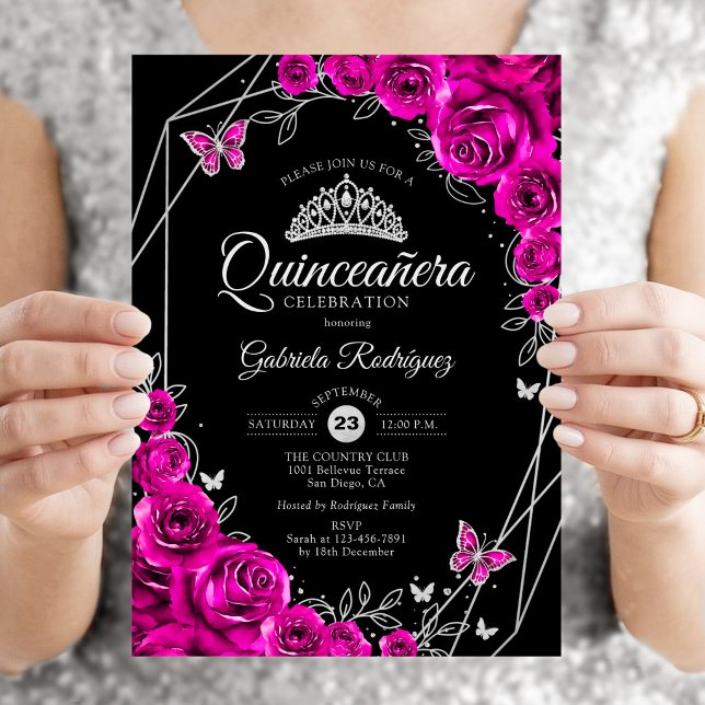 Invitation Quinceanera Fuchsia Rose Noir Argent Floral (Créateur téléchargé)