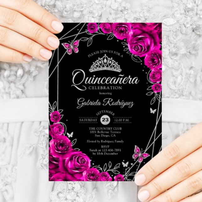 Invitation Quinceanera Fuchsia rose noir argent floral (Créateur téléchargé)