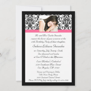 Invitation Quinceanera Fushcia Damask rose et noir
