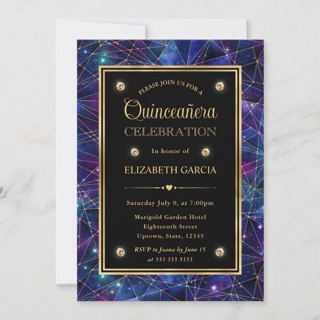 Invitation Quinceanera Galaxy Crystal Midnight Violet et Or (Devant)