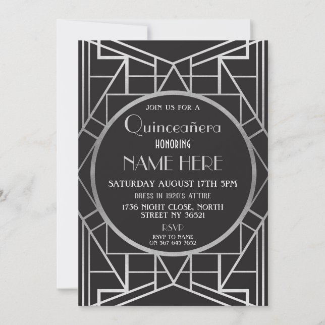 Invitation Quinceanera Gatsby, fête d'anniversaire Art déco d (Devant)