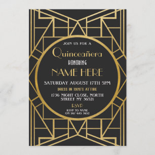 Invitation Quinceanera Gatsby, fête d'anniversaire Art déco d