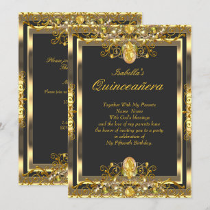 Invitation Quinceanera Gems Or Noir 15e Anniversaire